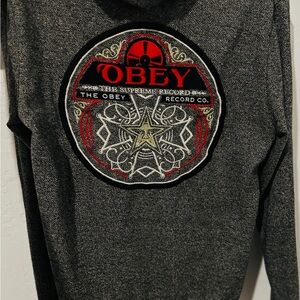 Obey Charcoal Hoodie with Red and White Graphic